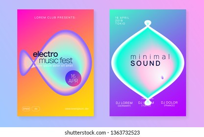 Summer music set. Trendy trance club brochure design. Fluid holographic gradient shape and line. Electronic sound. Night dance lifestyle holiday. Fest poster and flyer for summer music.