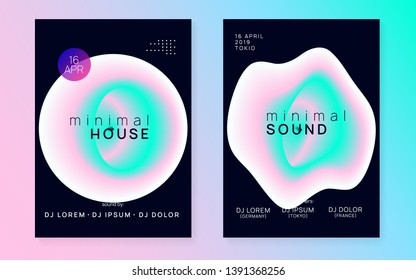 Summer music set. Trendy trance show brochure layout. Fluid holographic gradient shape and line. Electronic sound. Night dance lifestyle holiday. Fest poster and flyer for summer music.