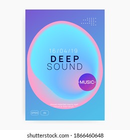 Summer music. Wavy techno show magazine layout. Fluid holographic gradient shape and line. Electronic sound. Night dance lifestyle holiday. Fest poster and flyer for summer music.