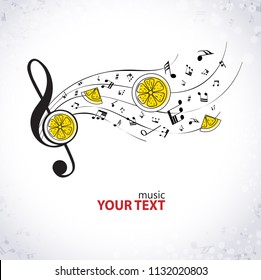 Summer musical background with notes, treble clef and orange slices