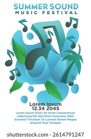 summer musical poster concept. abstract big music notes in fresh liquid water with tropcal coconut beach . international paper size music poster template vector illustration.