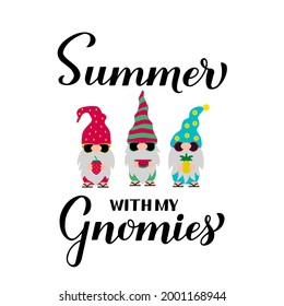 Summer with my gnomies. Cute cartoon gnomes on vacations. Vector template for banner, typography poster, greeting card, t-shirt, etc.