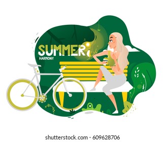 Summer In My Soul. Girl With Bike And  Sitting On The Bench Park