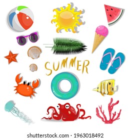 Summer nabol icons on white background: food, fruits, animals, crabs, octopuses, fish. Bright summer poster. Collection of scrapbooking elements for beach