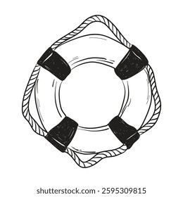 Summer naive line illustration of lifebuoy. Elegant black hand drawn doodle sketch graphic for t-shirt print, invitation, card, design. Holiday, vacation or weekend by sea. Dolce vita drawing.	