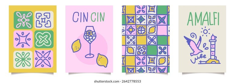 Summer naive posters set with lemon. Italian vintage doodle poster. Summer vibe from Italy. Beach sea ornate background. Italian Amalfi beach hand drawn postcard bg. Hand drawn childish design