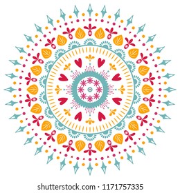 Summer native flower pretty mandala with leaves, dots, lines and hearts. Color folk illustration on white background. Vector for print, decor, fabric, yoga, textile, design