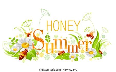 Summer natural background design with beautiful swirls, leafs, daisy flowers, bees and text Honey Summer with textured letters on white background. Vector illustration for any summer event.