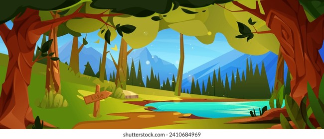 Summer natural forest landscape with green leaves on trees, soil path with wooden arrow sign to lake. Cartoon vector of sunny spring season scenery with water in pond and woods on shore.