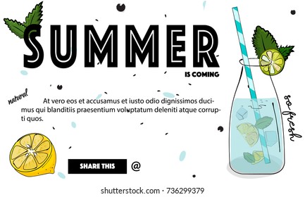 Summer natural fresh banner. Tropical cocktail with lemon and ice. Natural decoration, freshness illustration flyer