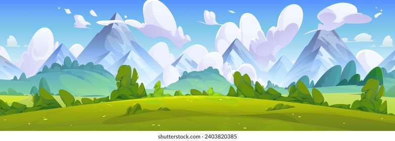 Summer natural landscape with green grass, bushes and trees on meadow in foot of high mountains. Cartoon vector panoramic scenery with grassland near hills, blue sky with clouds. Countryside scene.