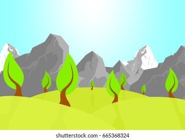 Summer natural landscape with green hills with deciduous trees with shadow with brown trunk and rocky mountains with snow and the sunlight in the blue sky.