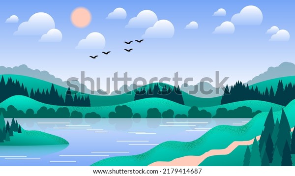 Summer natural landscape. A lake among grassy hills against the backdrop of a forest, a sky with the sun, clouds, silhouettes of flying birds. Vector.