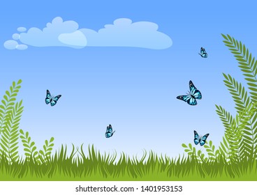 Summer natural meadow landscape background with green grass, plants, blue butterflies on blue sky with place for text. Vector illustration.