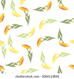 Patrón natural de verano sin costuras con adorno de flores amarillas. Fondo blanco. Impresión floral. Fondo decorativo para el diseño de tejidos, impresión textil, envoltura, cubierta. Ilustración vectorial.