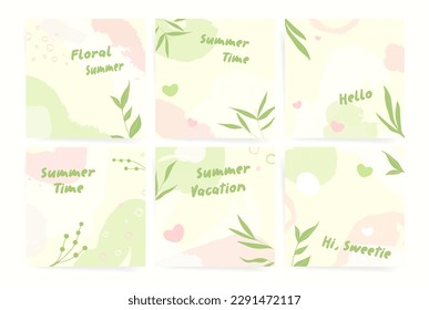 Summer natural square cover design. Social media square post template with bamboo leaves and abstract asian tropical patterns. Vector summer banner square backgrounds.