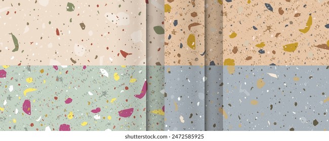 Summer natural stone Set seamless terrazzo patterns. Pattern for ceramics marble natural stone. Vector stock illustration textured shapes in vibrant colors