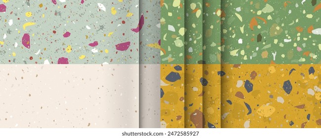 Summer natural stone Set seamless terrazzo patterns. Pattern for ceramics marble natural stone. Vector stock illustration textured shapes in vibrant colors