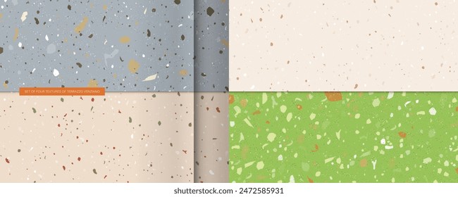 Summer natural stone Set seamless terrazzo patterns. Pattern for ceramics marble natural stone. Vector stock illustration textured shapes in vibrant colors