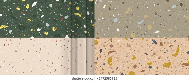 Summer natural stone Set seamless terrazzo patterns. Pattern for ceramics marble natural stone. Vector stock illustration textured shapes in vibrant colors