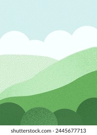 Fondo de la naturaleza de verano. Plantilla de Anuncio de pradera Abstractas con cielo de hierba y nubes. Tarjeta con decoración de árboles. Ilustración texturizada de Vector