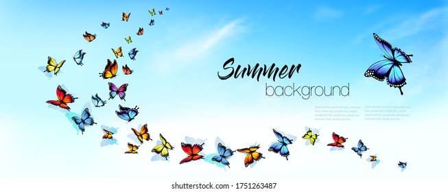 Summer nature background with a colorful butterflies and blue sky with clouds. Vector