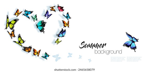 Summer nature background with a colorful butterflies collected in the shape of a heart. Vector