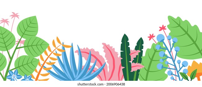 Summer nature background with floral pattern concept. Horizontal web banner with leaves and flowers elements. Gardening abstract plants border. Vector illustration in flat design for website