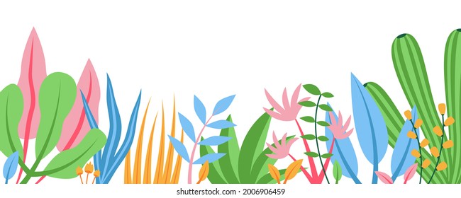 Summer nature background with floral pattern concept. Horizontal web banner with decorative leaves and plants. Botanical border isolated on white. Vector illustration in flat design for website