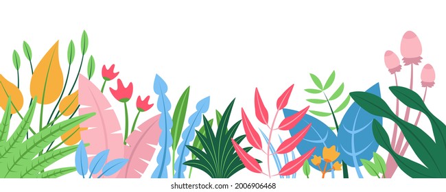 Summer nature background with floral pattern concept. Horizontal web banner with blooming flowers and leaves. Colorful botanical border isolated. Vector illustration in flat design for website