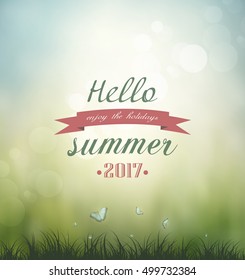 Summer Nature Background Grass, Butterflies And Title Inscription