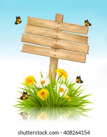 Summer nature background with grass, flowers and wooden sign. Vector.