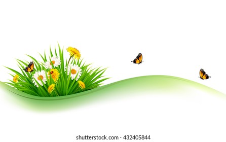Summer nature background with grass, flowers and butterflies. Vector.