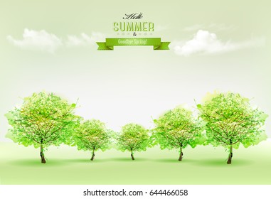 Fondo natural de verano con árboles verdes y paisaje. Vector.