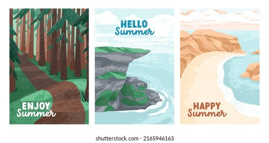 Entorno natural de verano. Paisajes de verano, diseños de cartas con árboles forestales, mar tranquilo, playa desierta. Postales de viaje vacacional con bosque, costa. Ilustraciones vectoriales planas.