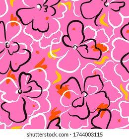Summer nature botanical background. Large daisy flower buds. Floral seamless pattern. Outline contour drawing. Elegant wild flowers ornament simple design. Good for wallpaper, textile and fabric.