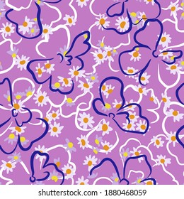 Summer nature botanical background. Large and small daisy flowers. Floral seamless pattern. Outline contour drawing. Flat shadow flowers ornament with simple design. Good for textile and fabric.