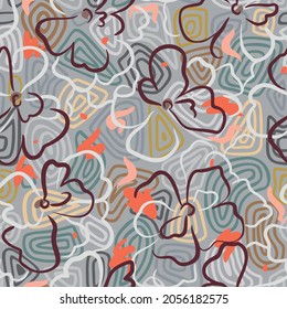 Summer nature botanical background. Large daisy flower buds. Floral seamless pattern. Outline contour drawing. Elegant wild flowers on mosaic texture. Irregular oval shapes, organic cells.