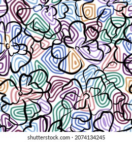 Summer nature botanical background. Large daisy flower buds. Floral seamless pattern. Outline contour drawing. Elegant wild flowers on mosaic texture. Irregular oval shapes, organic cells.