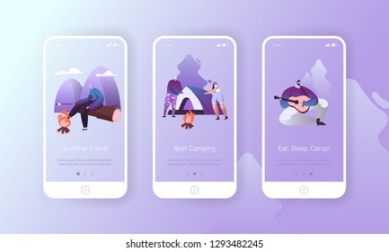 Summer Nature Camp Hiking Character Mobile Application Set. Man Play Guitar, Woman Roast Marshmallow on Fire. Outdoor Camping Lifestyle Concept for Website. Flat Cartoon Vector Illustration
