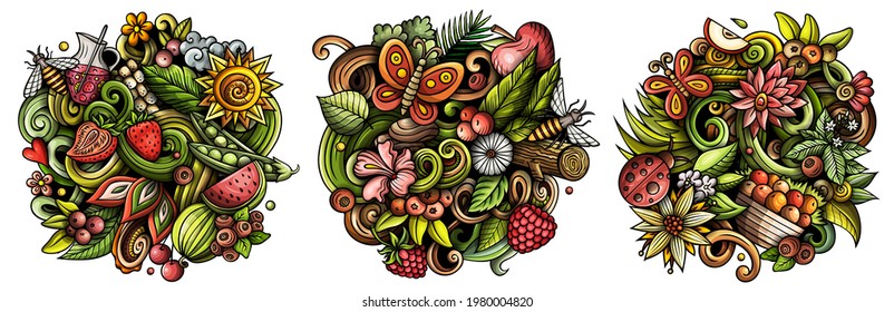 Summer nature cartoon vector doodle designs set. Colorful detailed compositions with lot of summertime objects and symbols. Isolated on white illustrations