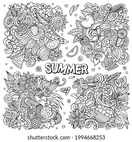 Summer nature cartoon vector doodle designs set. Sketchy detailed compositions with lot of nature objects and symbols. All items are separate