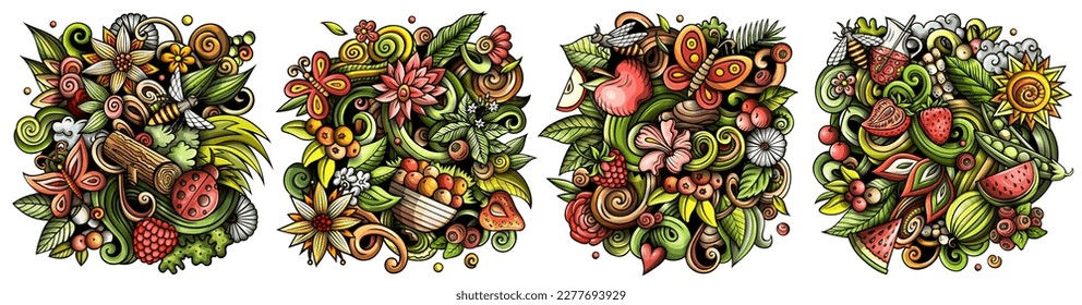 Summer nature cartoon vector doodle designs set. Colorful detailed compositions with lot of summertime objects and symbols. Isolated on white illustrations