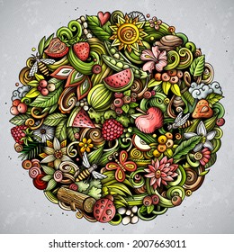 Ilustración de garabatos vectores de la naturaleza de verano. Diseño de afiches en verano. Fondo de elementos y objetos de temporada. Colores brillantes, imagen graciosa. Todos los elementos están separados