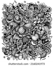 Summer nature cartoon vector doodles illustration. Summertime poster design. Season elements and objects background. Monochrome funny picture. All items are separated