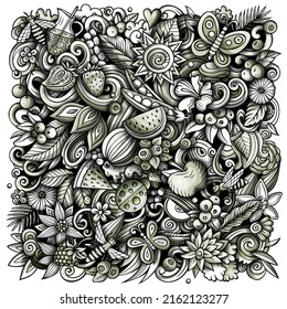 Ilustración de garabatos vectores de la naturaleza de verano. Diseño de afiches en verano. Fondo de elementos y objetos de temporada. Imagen divertida monocroma. Todos los elementos están separados