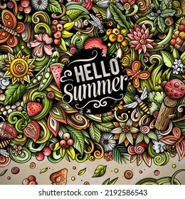 Sommer-Naturcartoon Vektor Doodles Rahmen. Sommerliche Grenzgestaltung. Saisonelemente und Objekthintergrund. Helle Farben lustiges Bild. Alle Artikel sind getrennt