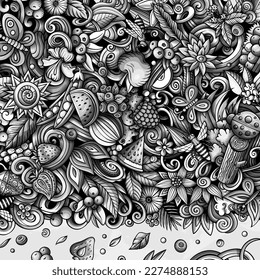 Summer nature cartoon vector doodles frame. Summertime border design. Season elements and objects background. Monochrome funny picture. All items are separated