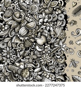 Sommer-Naturcartoon Vektor Doodles Rahmen. Sommerliche Grenzgestaltung. Saisonelemente und Objekthintergrund. Einfarbiges lustiges Bild. Alle Artikel sind getrennt