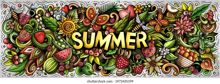 Summer nature hand drawn cartoon doodle illustration. Funny seasonal design. Creative art vector background. Handwritten text with summertime elements and objects. Colorful composition